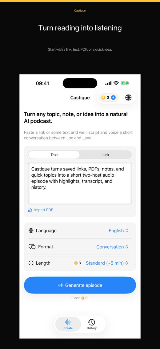 Castique podcast creation screen
